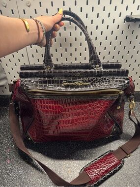 VINTAGE SAMANTHA BROWN Tote bag💖 deep red & dark chocolate croc embossed bag❤️🤎
